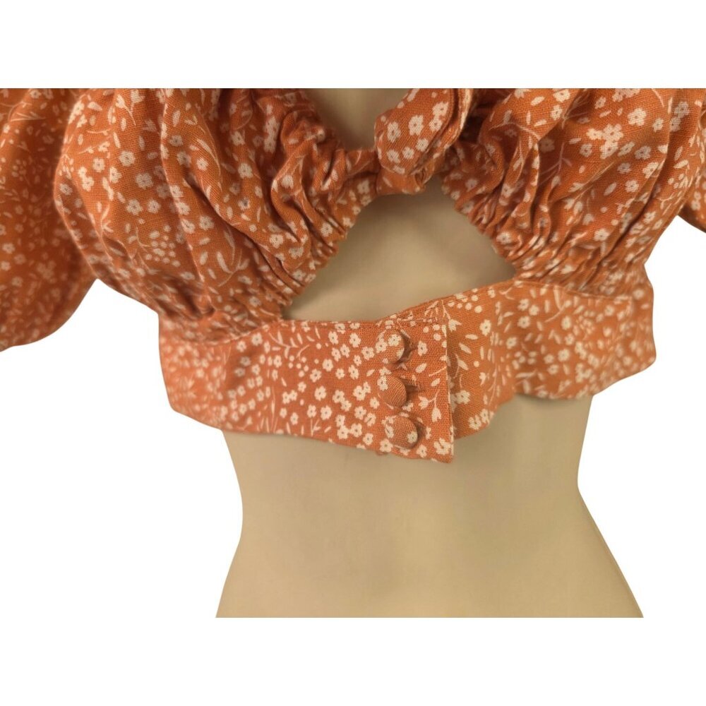 Sabo Skirt Neviah Crop Top Womens S Peach Floral Puff Sleeve Tie Front Crop NWT - Picture 2 of 9